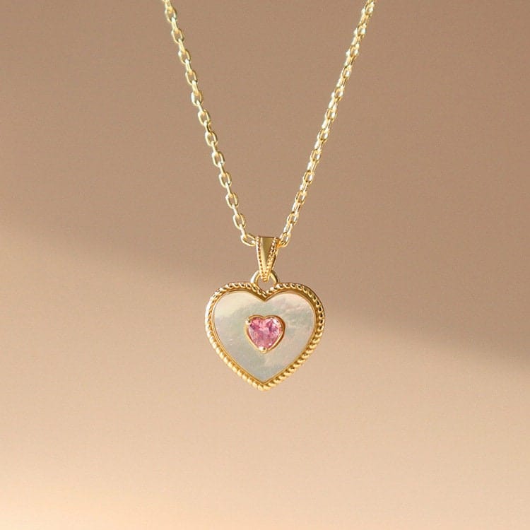 Dainty 18K Gold Filled Rhinestone Inlaid Natural Shell Heart Pendant Necklace - ArtGalleryZen