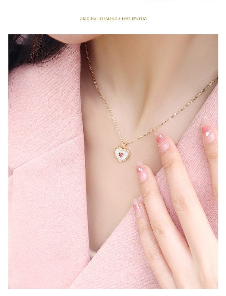 Dainty 18K Gold Filled Rhinestone Inlaid Natural Shell Heart Pendant Necklace - ArtGalleryZen