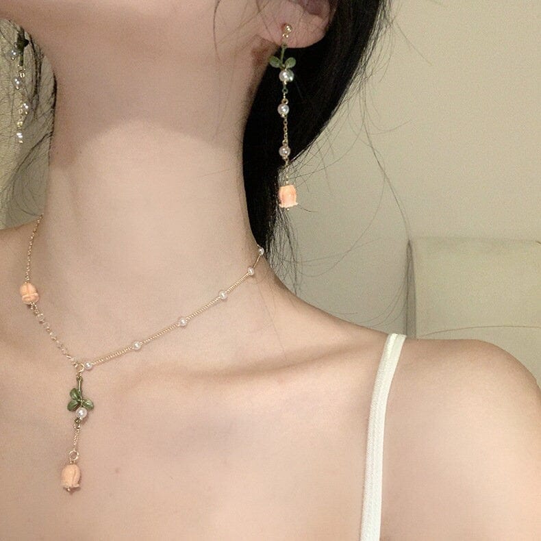 Dainty 24K Gold Filled Pink Tulip Crystal Pearl Chain Necklace Earrings Set - ArtGalleryZen