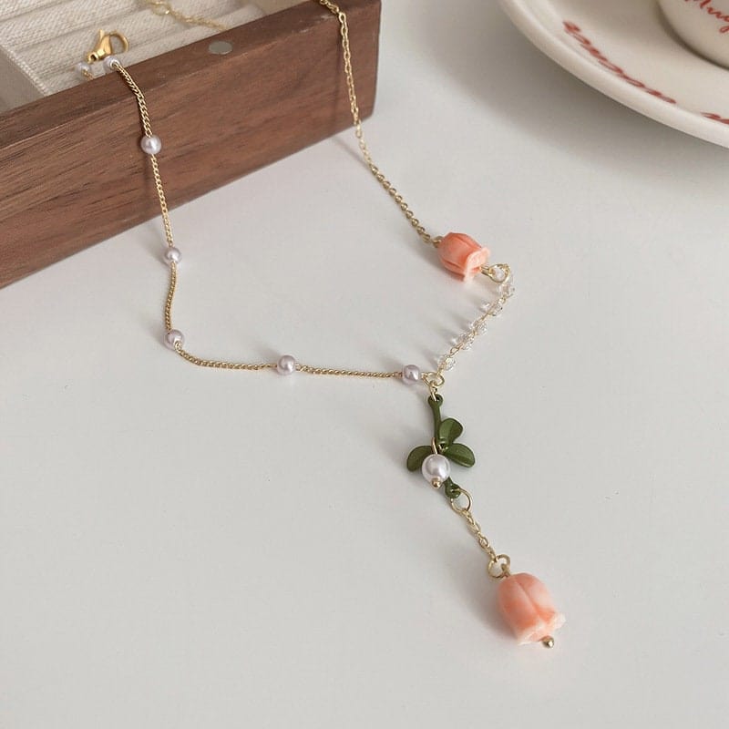 Dainty 24K Gold Filled Pink Tulip Crystal Pearl Chain Necklace Earrings Set - ArtGalleryZen