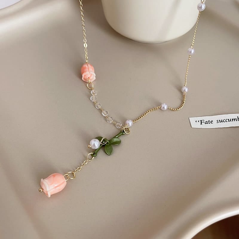 Dainty 24K Gold Filled Pink Tulip Crystal Pearl Chain Necklace Earrings Set - ArtGalleryZen
