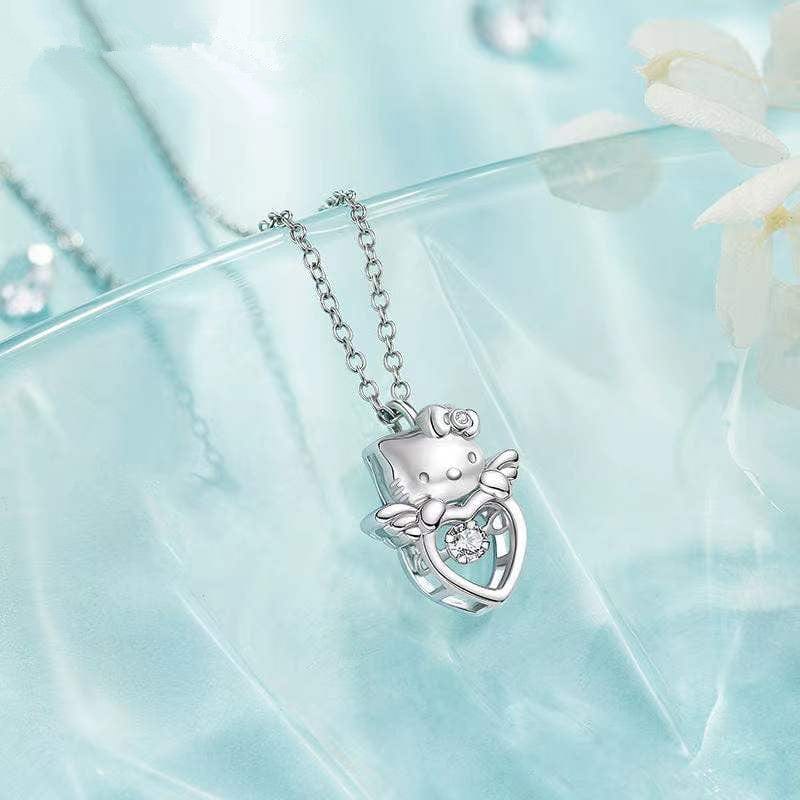 Dainty Crystal Beating Heart Angel Kitty Necklace - ArtGalleryZen