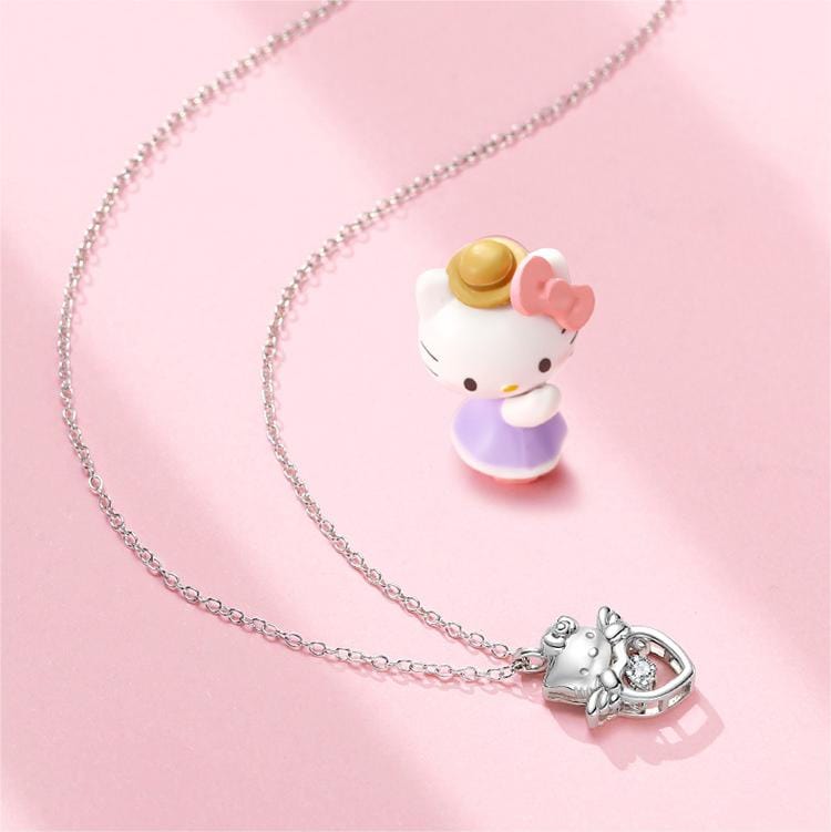Dainty Crystal Beating Heart Angel Kitty Necklace - ArtGalleryZen
