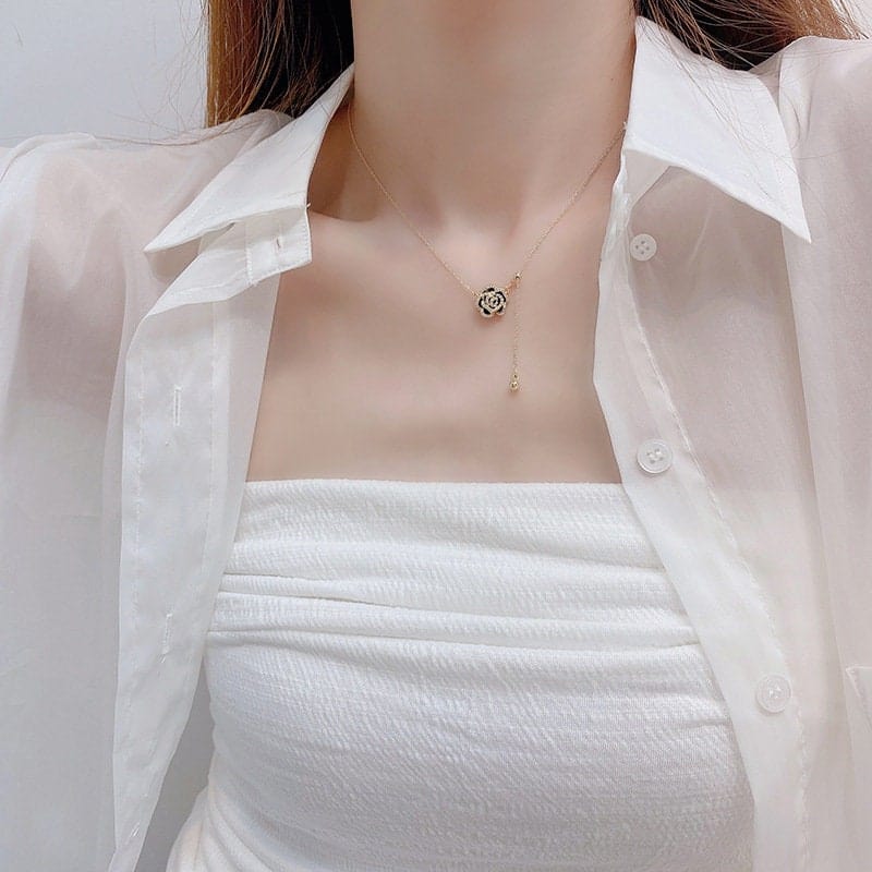 Dainty CZ Inlaid Camellia Cable Chain Necklace - ArtGalleryZen