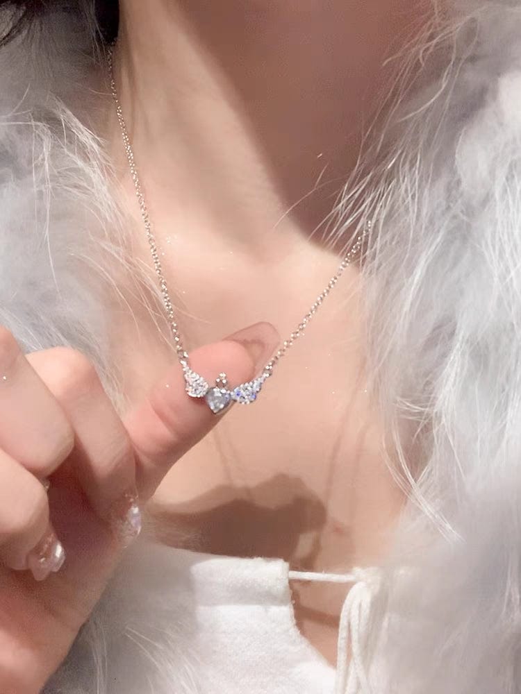 Dainty CZ Inlaid Crown Heart Angel Wings Necklace - ArtGalleryZen