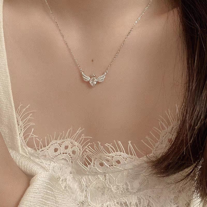 Dainty CZ Inlaid Crown Heart Angel Wings Necklace - ArtGalleryZen