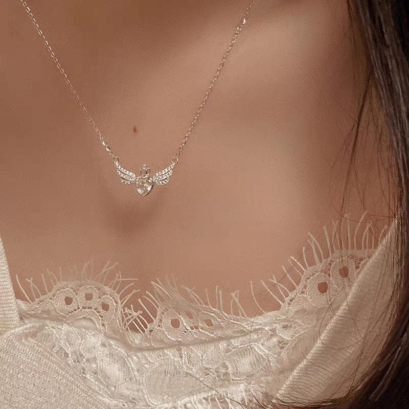 Dainty CZ Inlaid Crown Heart Angel Wings Necklace - ArtGalleryZen