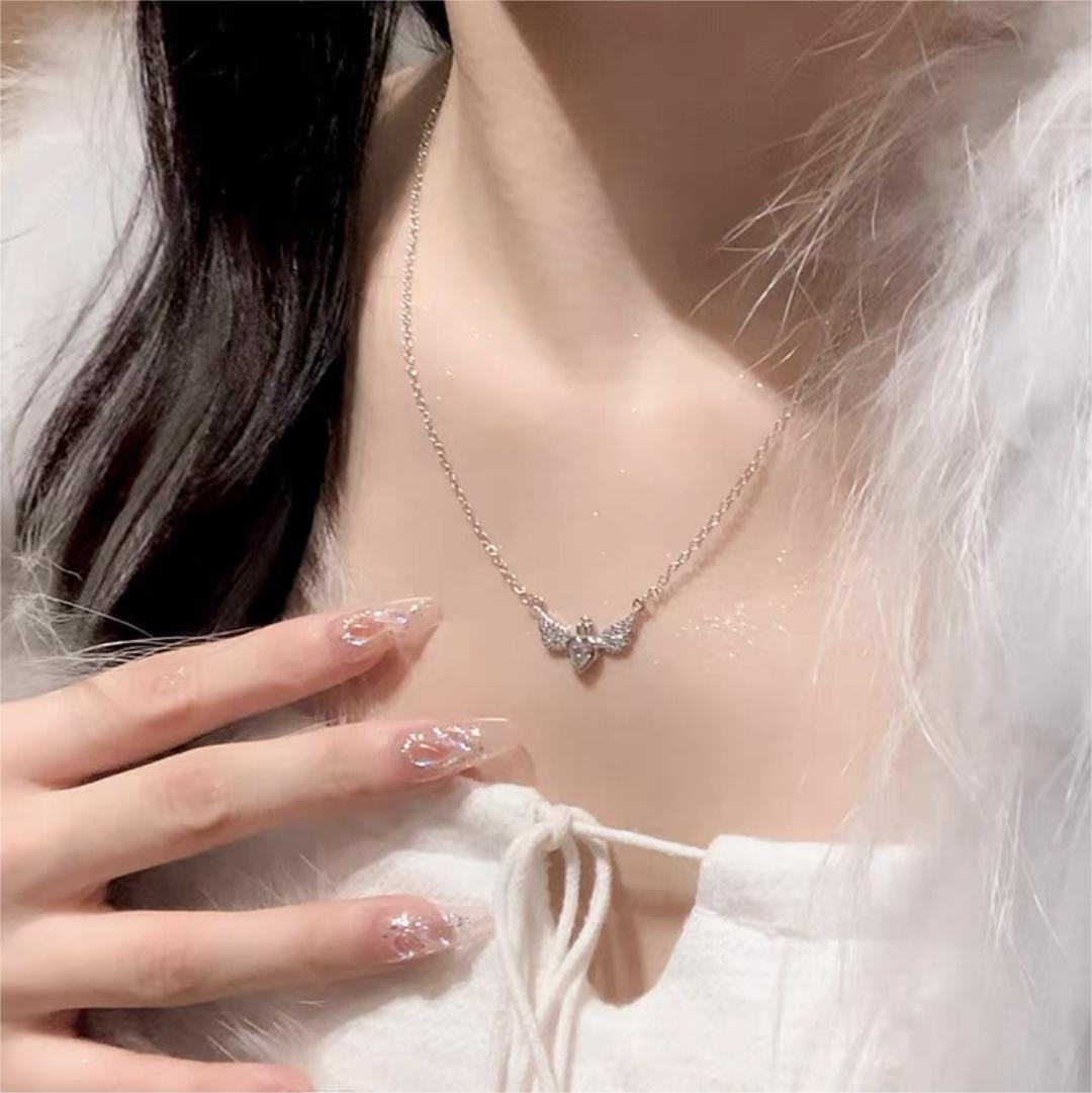 Dainty CZ Inlaid Crown Heart Angel Wings Necklace - ArtGalleryZen