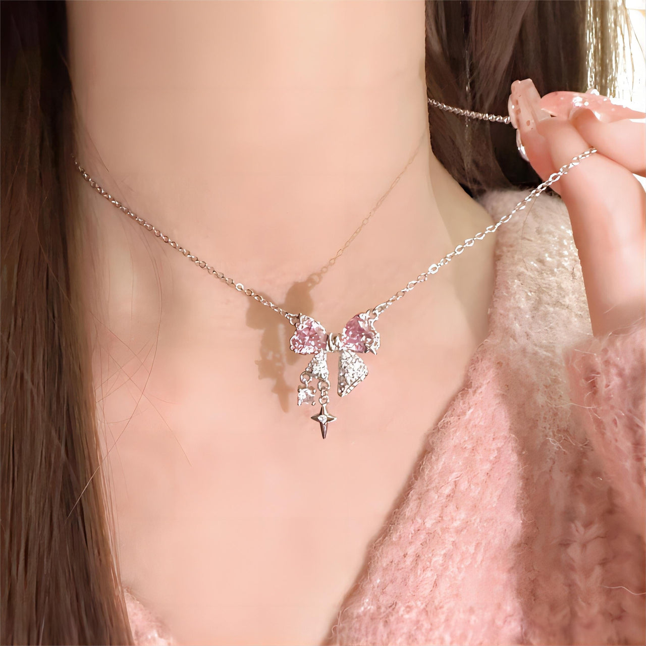 Dainty CZ Inlaid Crystal Bowknot Star Necklace - ArtGalleryZen