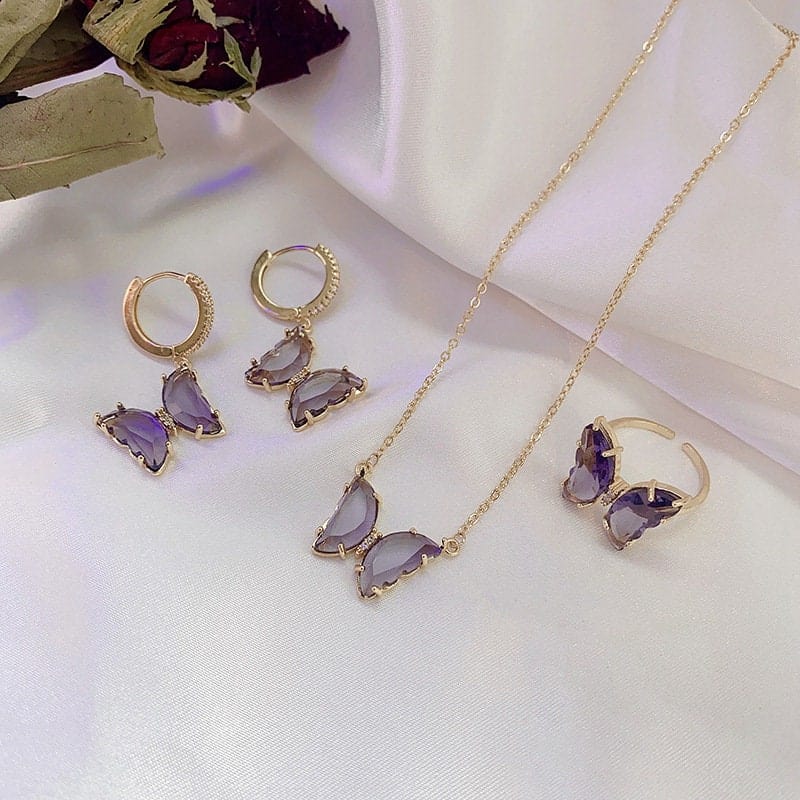 Dainty CZ Inlaid Crystal Butterfly Necklace Earrings Ring Set - ArtGalleryZen
