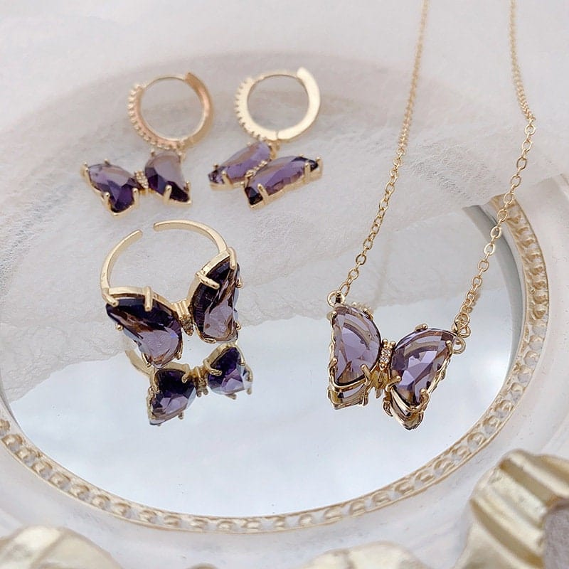 Dainty CZ Inlaid Crystal Butterfly Necklace Earrings Ring Set - ArtGalleryZen