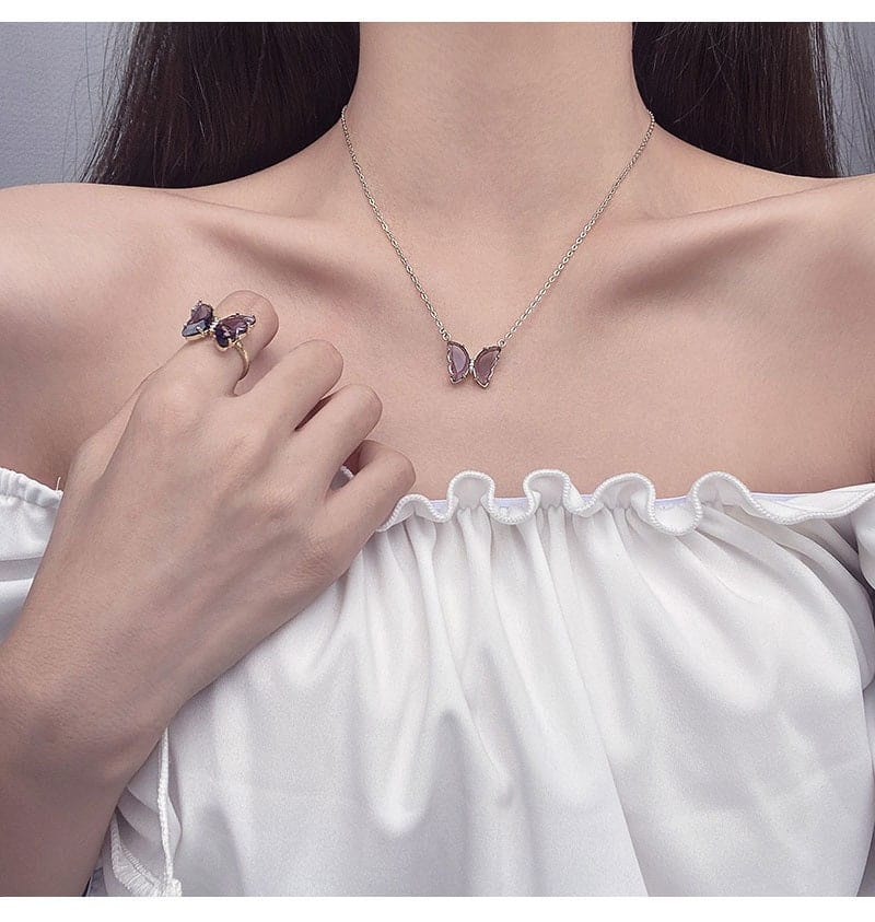 Dainty CZ Inlaid Crystal Butterfly Necklace Earrings Ring Set - ArtGalleryZen