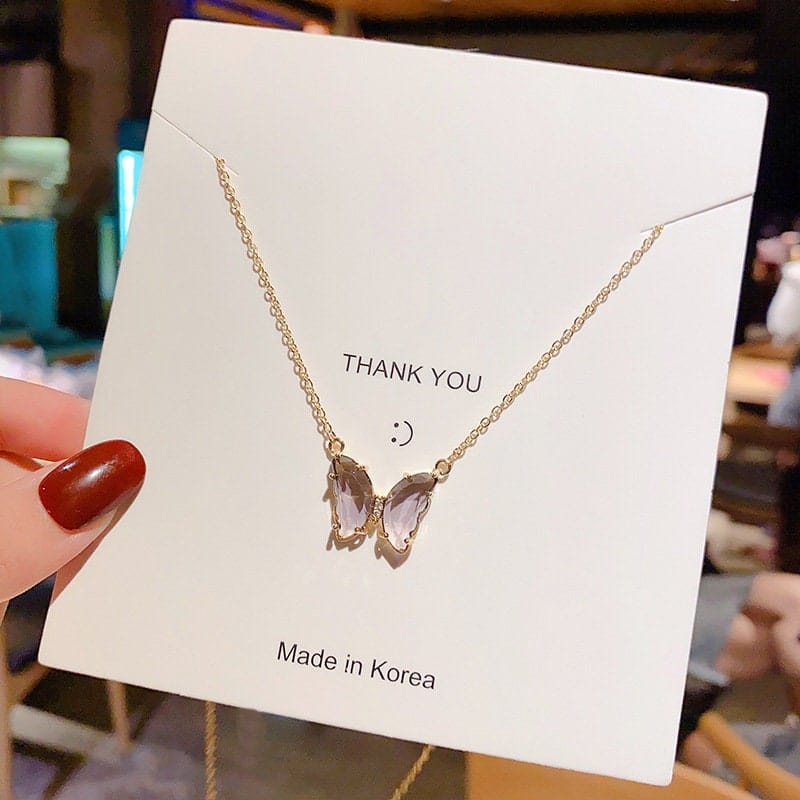 Dainty CZ Inlaid Crystal Butterfly Necklace Earrings Ring Set - ArtGalleryZen