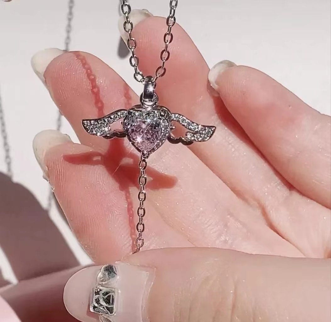 Dainty CZ Inlaid Pink Crystal Cupid Heart Wings Necklace - ArtGalleryZen