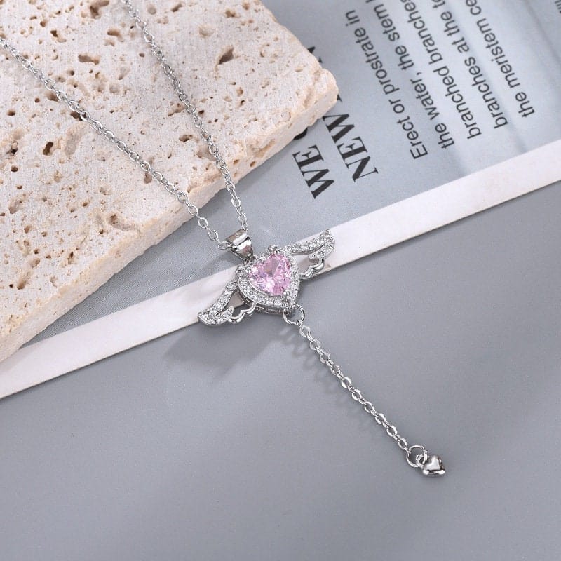 Dainty CZ Inlaid Pink Crystal Cupid Heart Wings Necklace - ArtGalleryZen