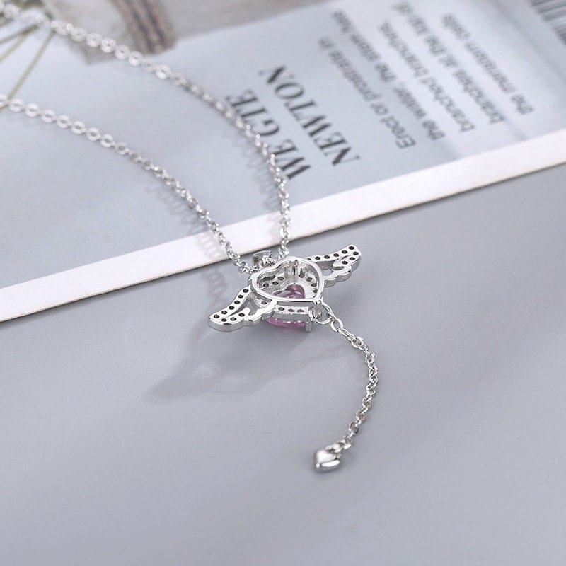 Dainty CZ Inlaid Pink Crystal Cupid Heart Wings Necklace - ArtGalleryZen