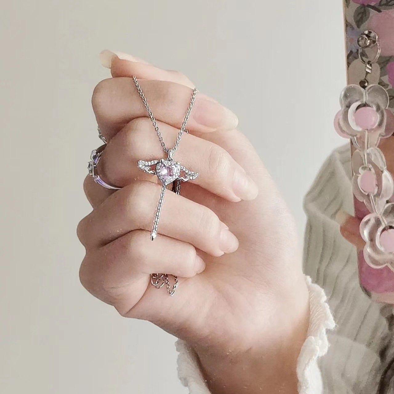 Dainty CZ Inlaid Pink Crystal Cupid Heart Wings Necklace - ArtGalleryZen