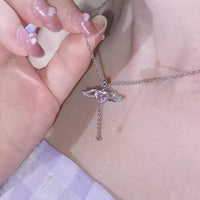 Thumbnail for Dainty CZ Inlaid Pink Crystal Cupid's Heart Wings Necklace - ArtGalleryZen