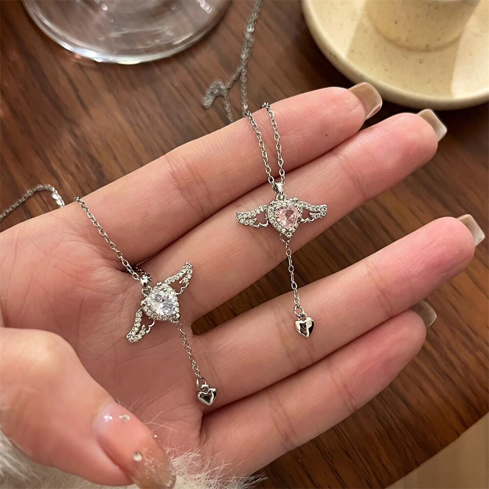 Dainty CZ Inlaid Crystal Cupid Heart Wings Matching Necklace - ArtGalleryZen