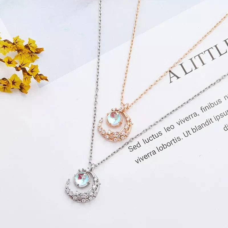 Dainty CZ Inlaid Crystal Moon Necklace - ArtGalleryZen