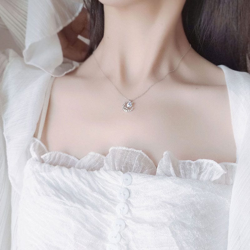 Dainty CZ Inlaid Crystal Moon Necklace - ArtGalleryZen