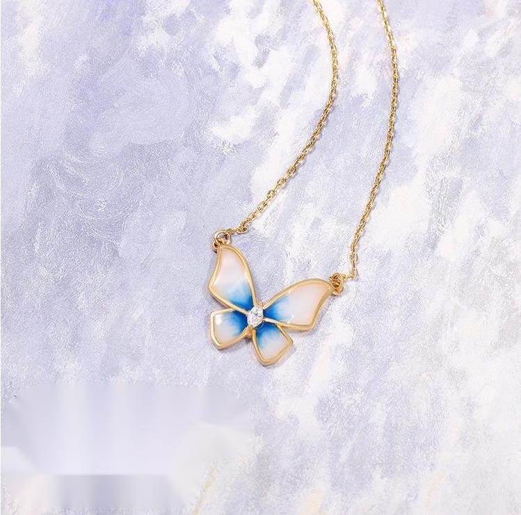 Dainty CZ Inlaid Enamel Butterfly Necklace Bracelet Set - ArtGalleryZen
