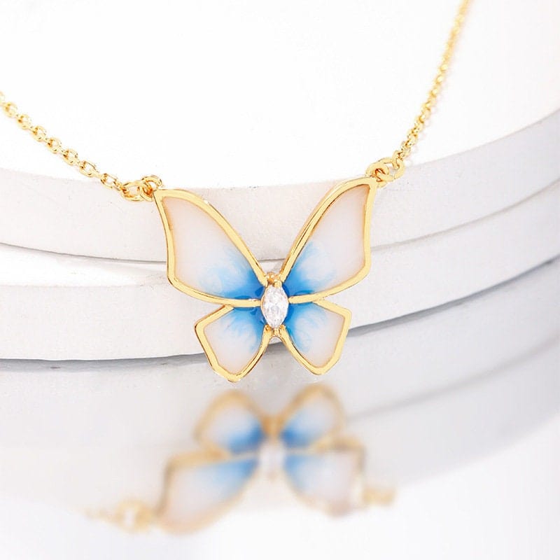 Dainty CZ Inlaid Enamel Butterfly Necklace Bracelet Set - ArtGalleryZen