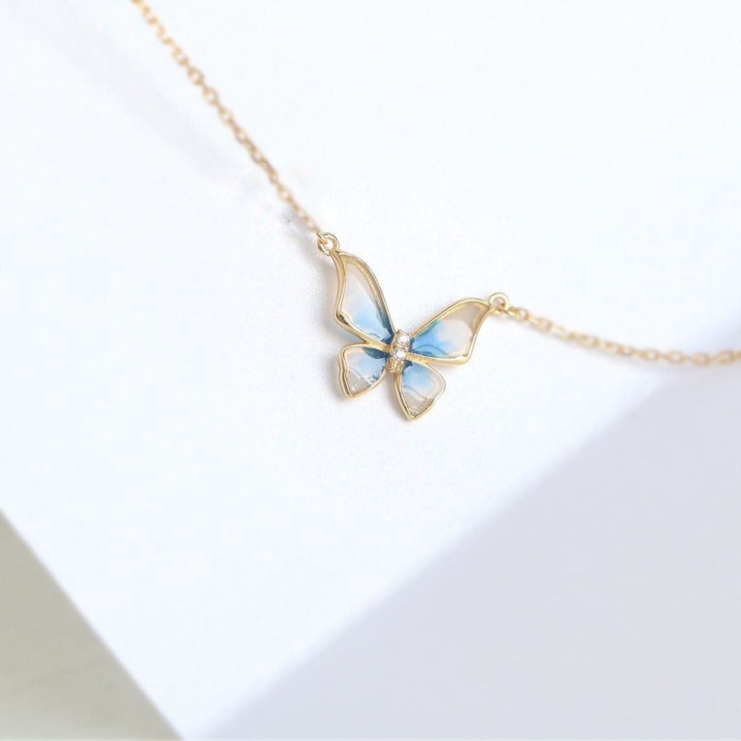 Dainty CZ Inlaid Enamel Butterfly Necklace Bracelet Set - ArtGalleryZen