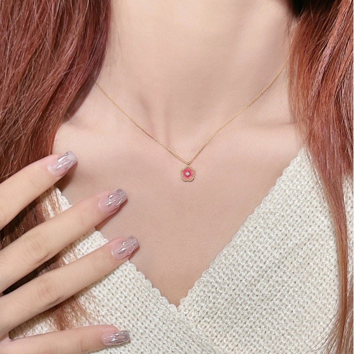 Dainty CZ Inlaid Enamel Pink Cherry Blossom Pendant Necklace - ArtGalleryZen