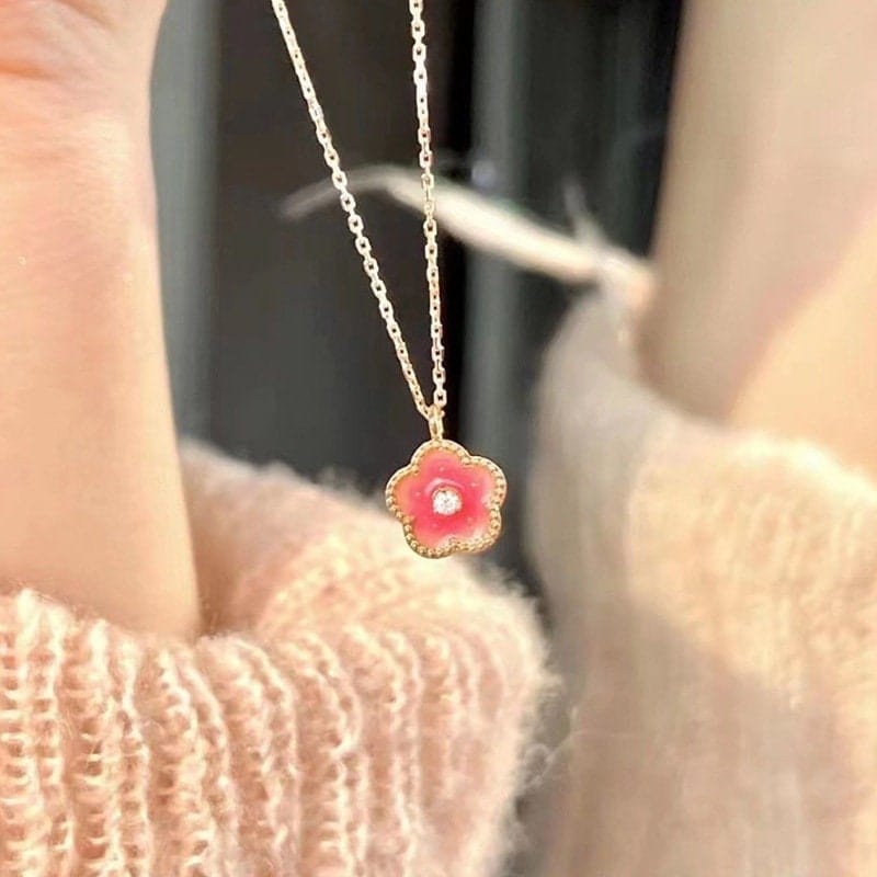 Dainty CZ Inlaid Enamel Pink Cherry Blossom Pendant Necklace - ArtGalleryZen