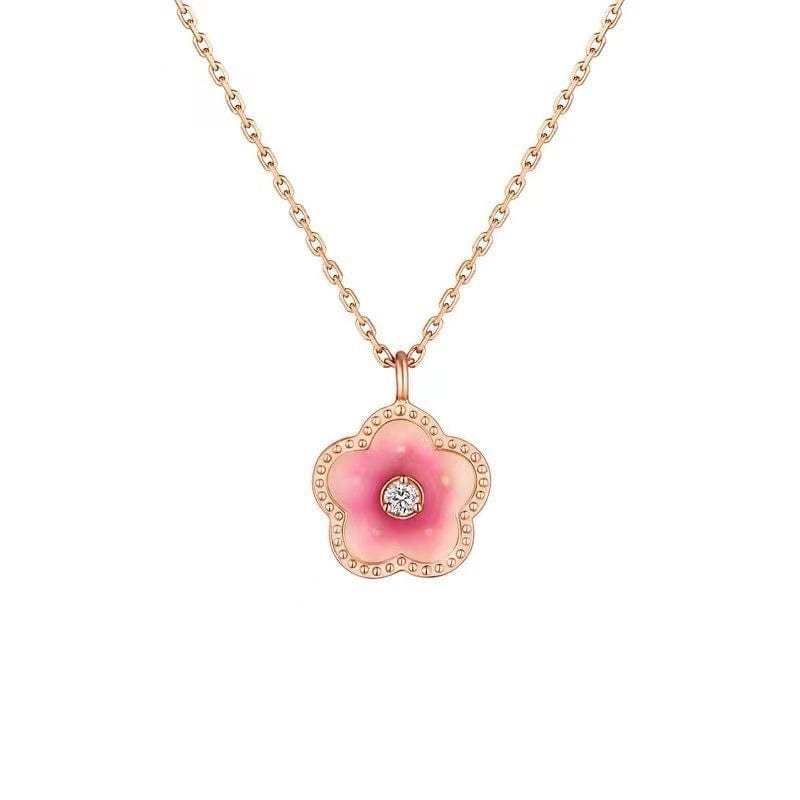 Dainty CZ Inlaid Enamel Pink Cherry Blossom Pendant Necklace - ArtGalleryZen