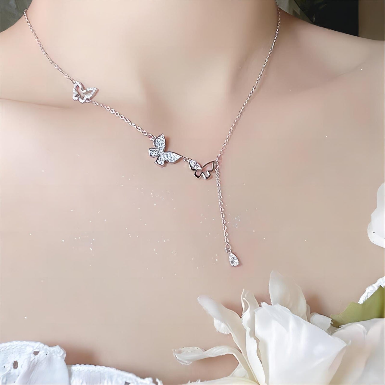 Dainty CZ Inlaid Hollowed-out Trio Butterfly Necklace - ArtGalleryZen