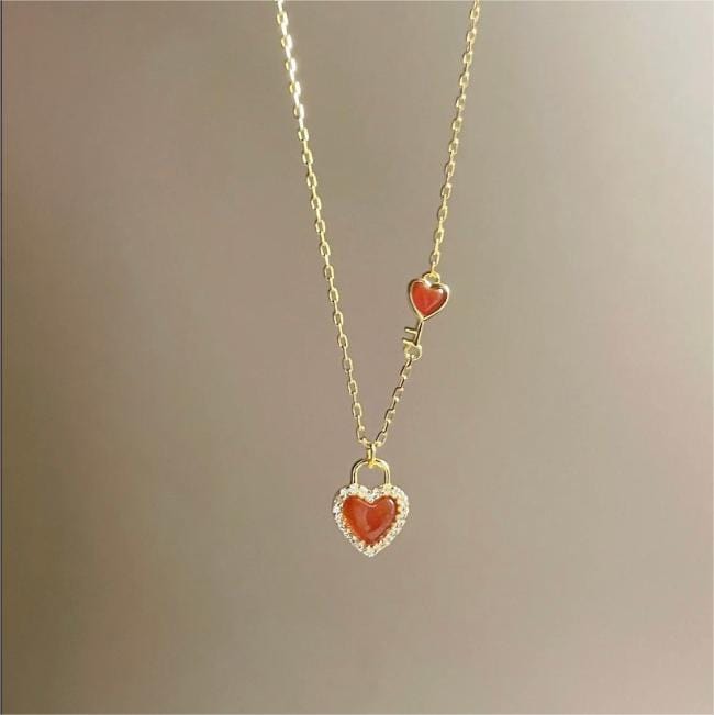 Dainty CZ Inlaid Lock And Key Heart Necklace - ArtGalleryZen