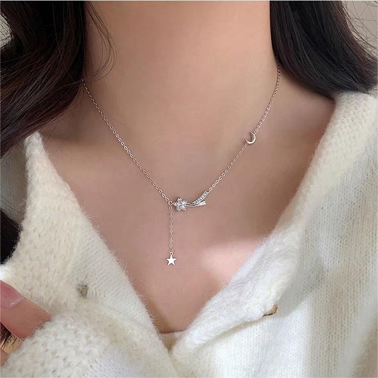Dainty CZ Inlaid Meteor Star Moon Phase Necklace - ArtGalleryZen