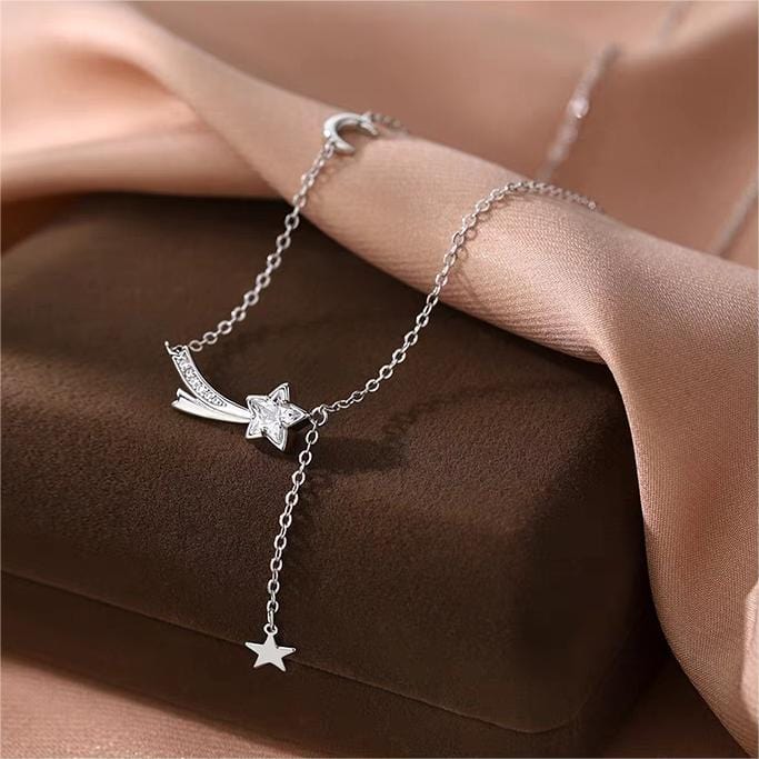 Dainty CZ Inlaid Meteor Star Moon Phase Necklace - ArtGalleryZen