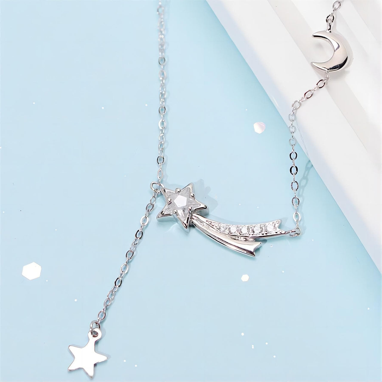 Dainty CZ Inlaid Meteor Star Moon Phase Necklace - ArtGalleryZen