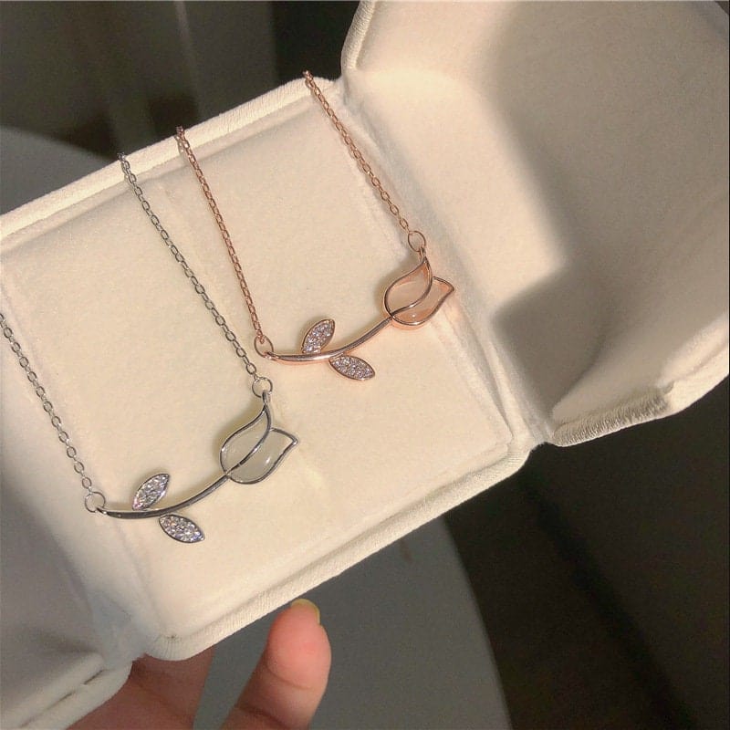 Dainty CZ Inlaid Natural Opal Tulip Chain Necklace - ArtGalleryZen