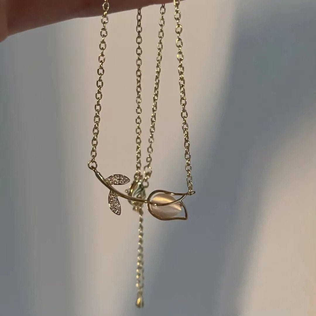 Dainty CZ Inlaid Natural Opal Tulip Chain Necklace - ArtGalleryZen