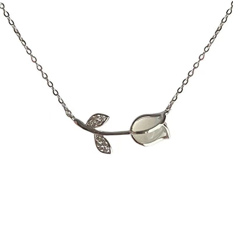 Dainty CZ Inlaid Natural Opal Tulip Chain Necklace - ArtGalleryZen