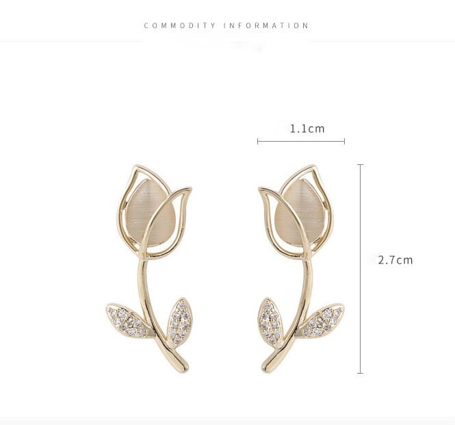 Dainty CZ Inlaid Natural Opal Tulip Earrings - ArtGalleryZen