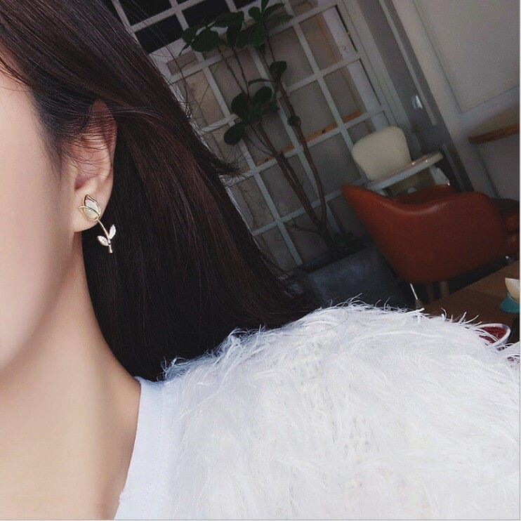 Dainty CZ Inlaid Natural Opal Tulip Earrings - ArtGalleryZen