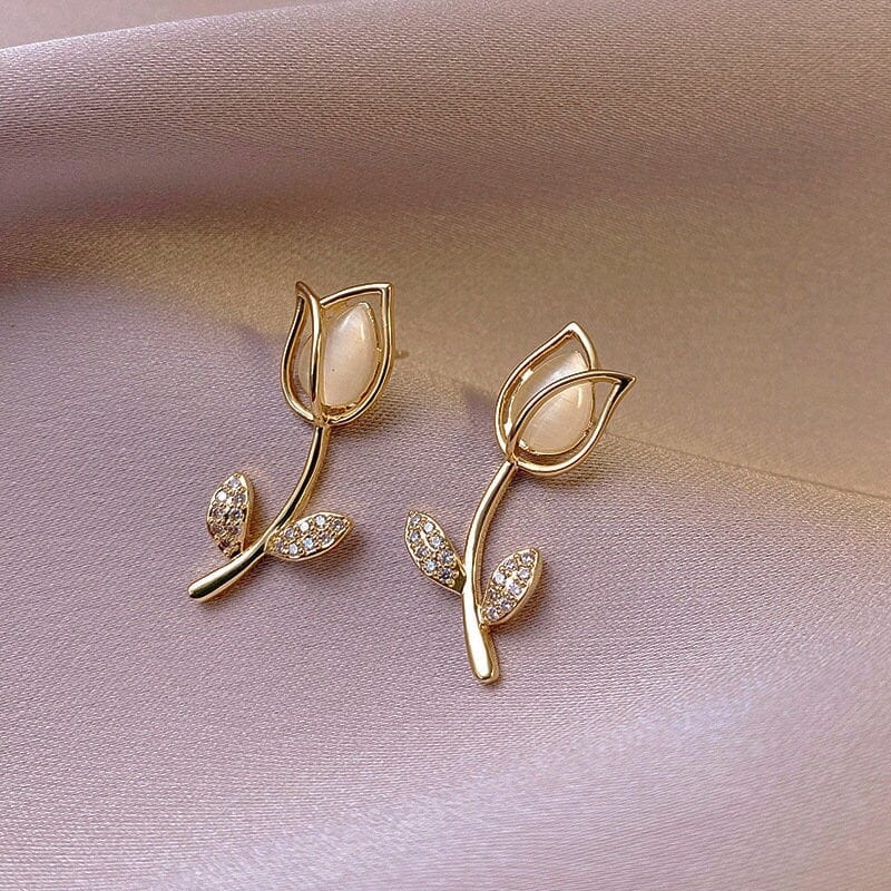 Dainty CZ Inlaid Natural Opal Tulip Earrings - ArtGalleryZen