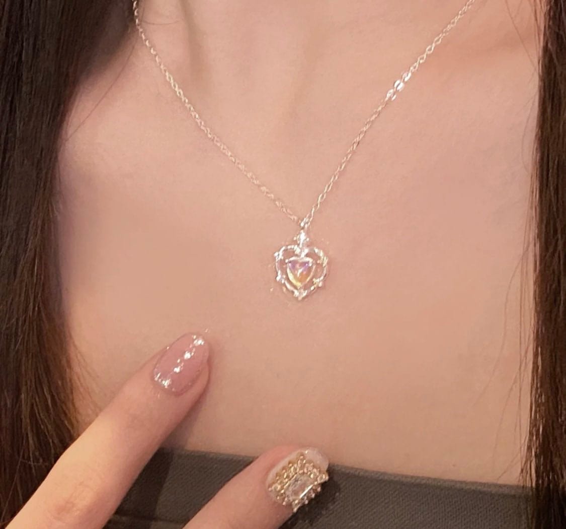 Dainty CZ Inlaid Opal Heart Pendant Choker Necklace - ArtGalleryZen