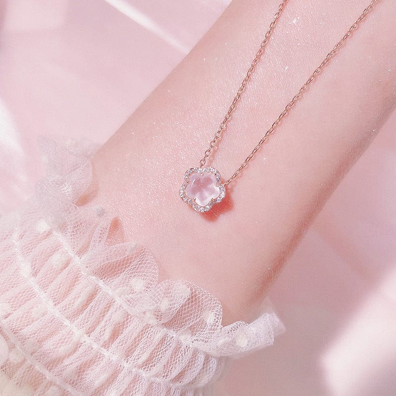 Dainty CZ Inlaid Pink Cherry Blossom Necklace - ArtGalleryZen