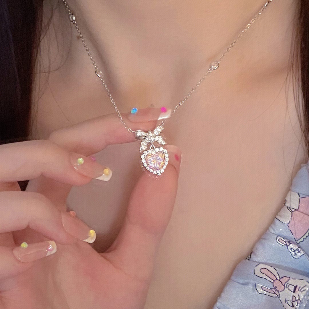 Dainty CZ Inlaid Pink Crystal Bowknot Heart Necklace - ArtGalleryZen