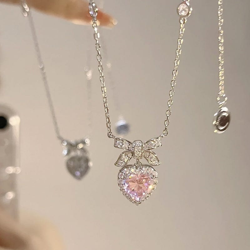 Dainty CZ Inlaid Pink Crystal Bowknot Heart Necklace - ArtGalleryZen