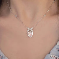 Thumbnail for Dainty CZ Inlaid Pink Crystal Bowknot Heart Necklace - ArtGalleryZen