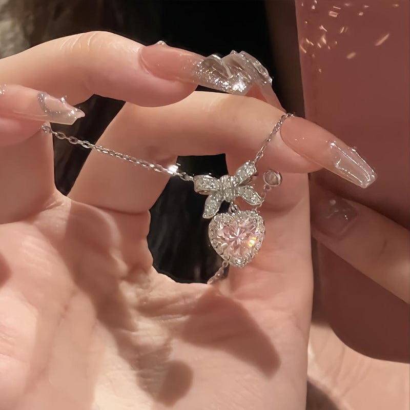 Dainty CZ Inlaid Pink Crystal Bowknot Heart Necklace - ArtGalleryZen