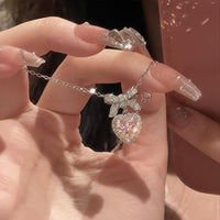 Thumbnail for Dainty CZ Inlaid Pink Crystal Bowknot Heart Necklace - ArtGalleryZen
