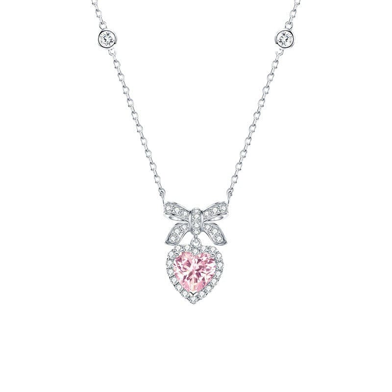 Dainty CZ Inlaid Pink Crystal Bowknot Heart Necklace - ArtGalleryZen